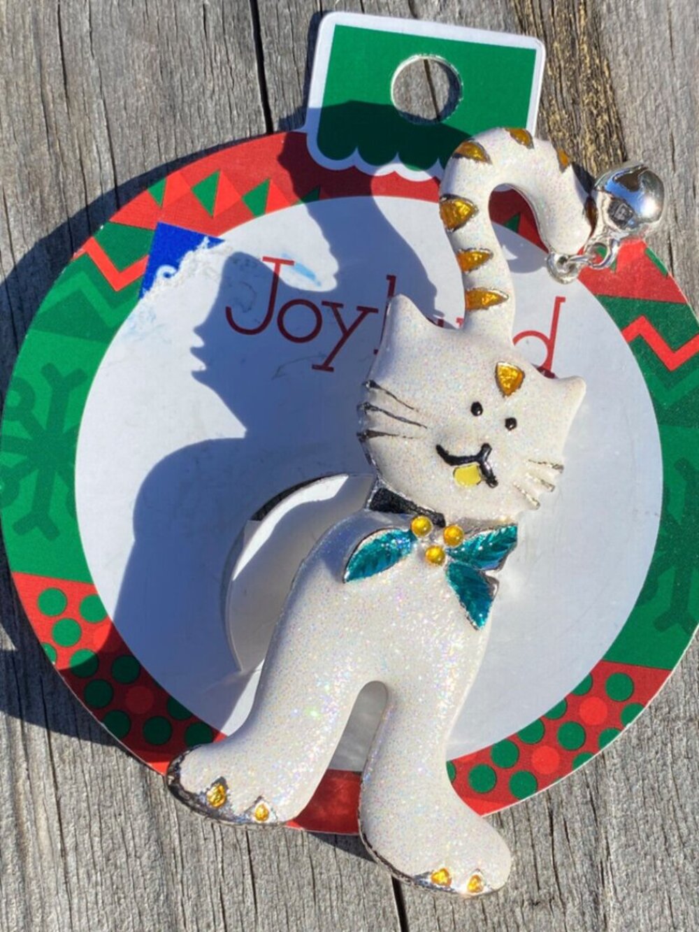 Jingle Bell Kitty Silver Tone White Glitter Cat Brooch Christmas Holly Pin NEW!